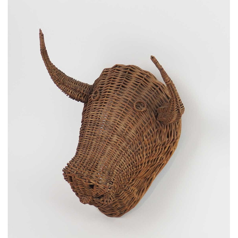 Cabeza de toro de mimbre vintage, 1950-1960