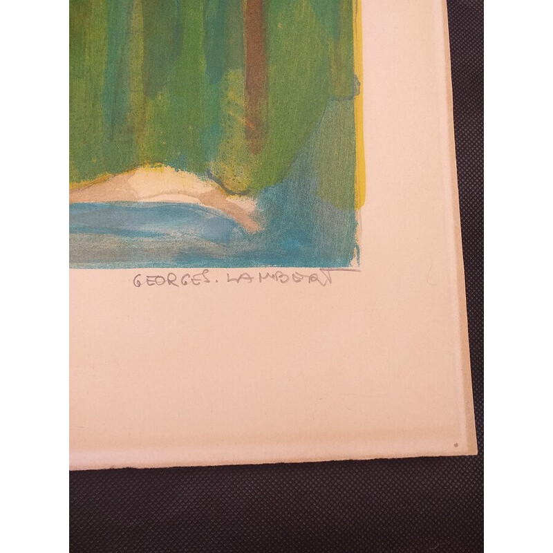 Lithographie vintage "Paysage bord de lac" par Georges Lambert