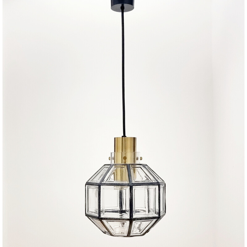 Vintage octagonal pendant lamp in iron and glass, Germany 1960s