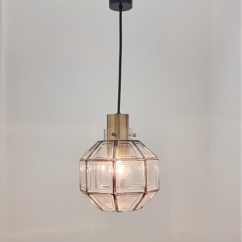 Vintage achthoekige hanglamp van ijzer en glas, Duitsland 1960