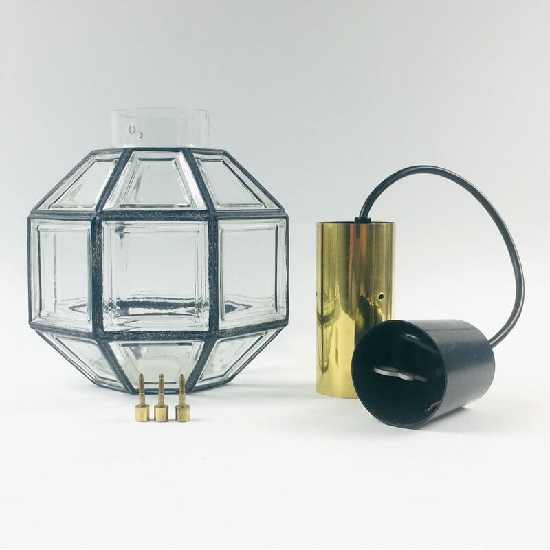 Lámpara colgante octogonal vintage de hierro y cristal, Alemania años 60