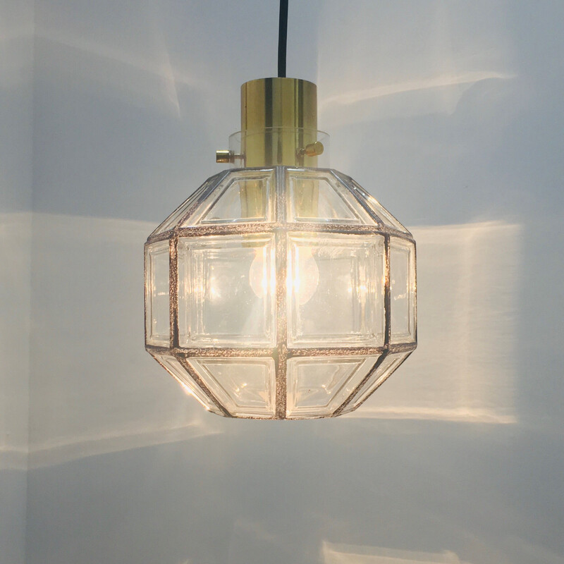 Vintage achthoekige hanglamp van ijzer en glas, Duitsland 1960
