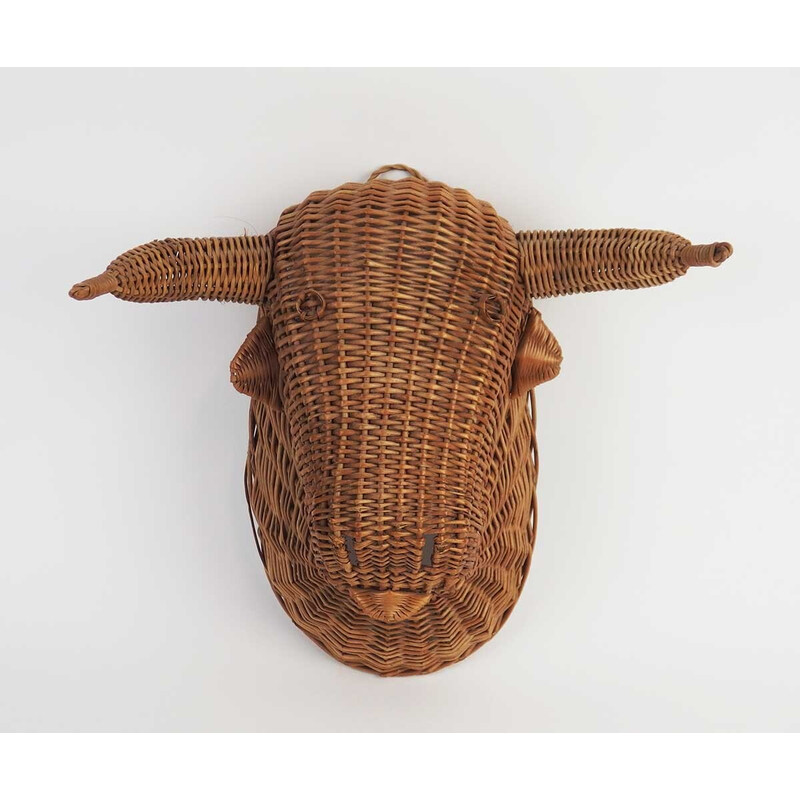 Vintage wall sculpture "bull head" in wicker, France 1950s-1960s