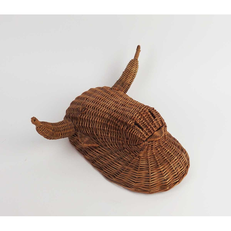 Vintage wall sculpture "bull head" in wicker, France 1950s-1960s