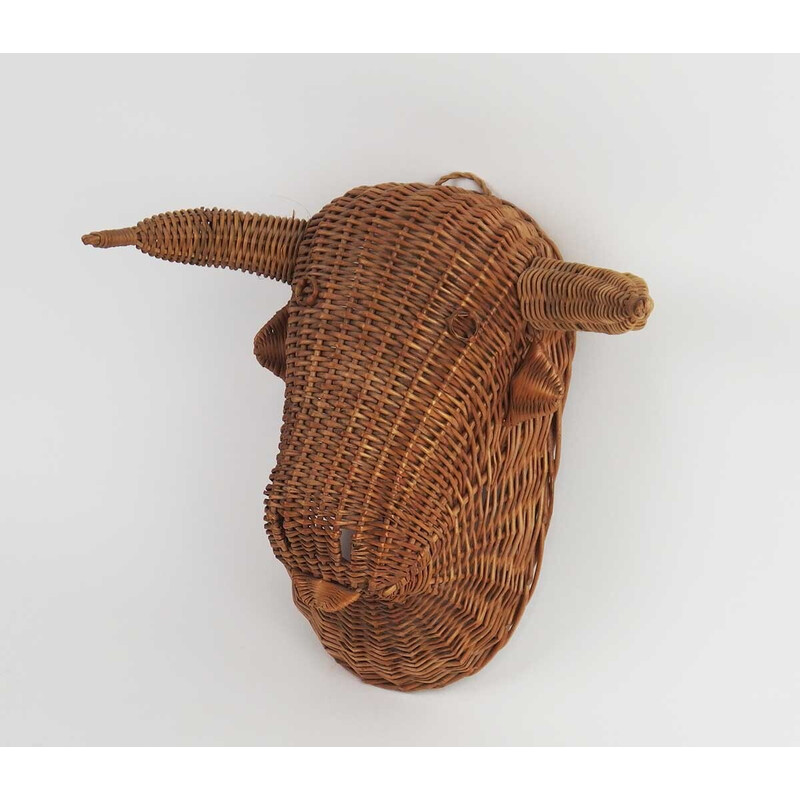 Vintage wall sculpture "bull head" in wicker, France 1950s-1960s