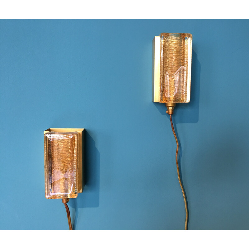 Pair of Vitrika wall lamps in brass and glass - 1970s