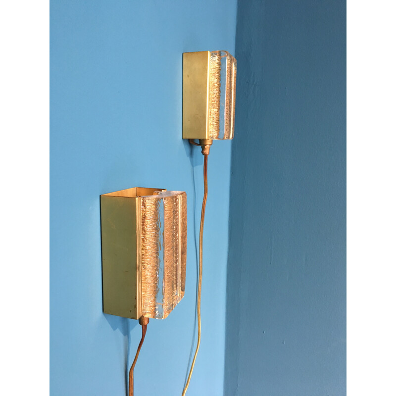 Pair of Vitrika wall lamps in brass and glass - 1970s