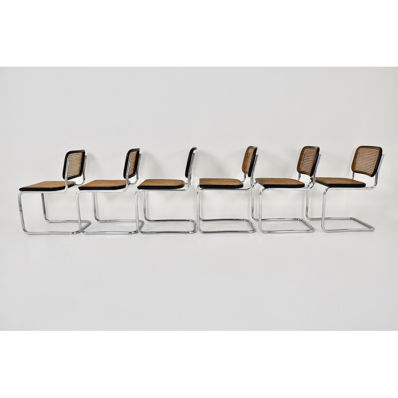 Conjunto de 6 sillas vintage de metal cromado, madera negra y ratán de Marcel Breuer para Gavina, 1980