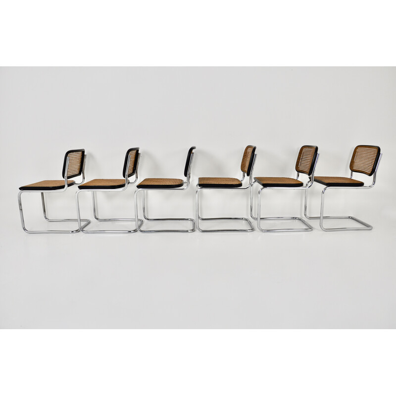 Set of 6 vintage chairs in chromed metal, black wood and rattan by Marcel Breuer for Gavina, 1980s