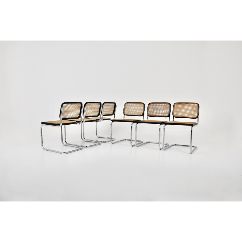Satz von 6 Vintage-Stühlen aus verchromtem Metall, schwarzem Holz und Rattan von Marcel Breuer für Gavina, 1980