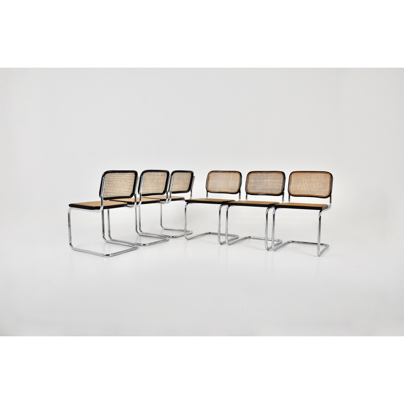 Set of 6 vintage chairs in chromed metal, black wood and rattan by Marcel Breuer for Gavina, 1980s