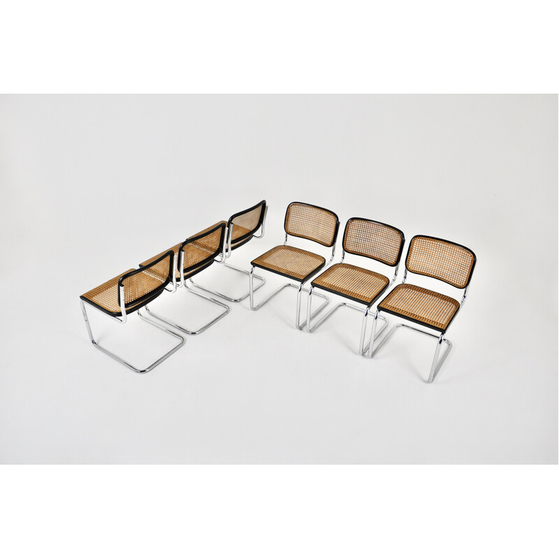 Conjunto de 6 sillas vintage de metal cromado, madera negra y ratán de Marcel Breuer para Gavina, 1980
