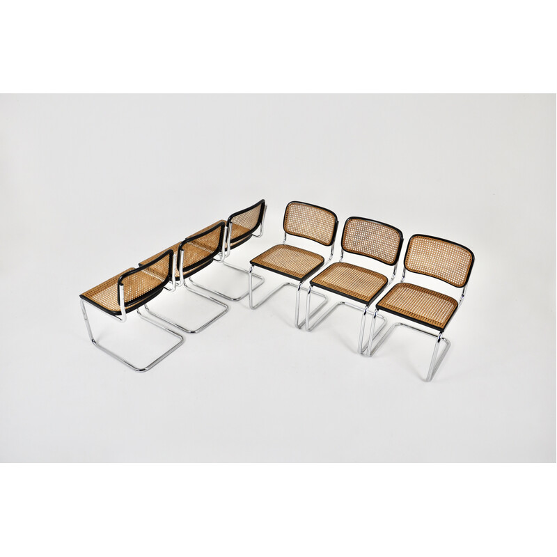 Set of 6 vintage chairs in chromed metal, black wood and rattan by Marcel Breuer for Gavina, 1980s