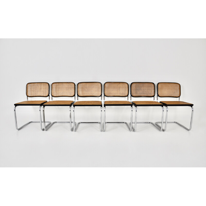 Set of 6 vintage chairs in chromed metal, black wood and rattan by Marcel Breuer for Gavina, 1980s