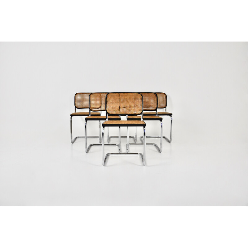 Set of 6 vintage chairs in chromed metal, black wood and rattan by Marcel Breuer for Gavina, 1980s