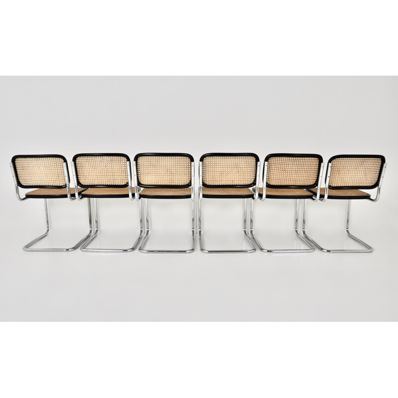 Set of 6 vintage chairs in chromed metal, black wood and rattan by Marcel Breuer for Gavina, 1980s
