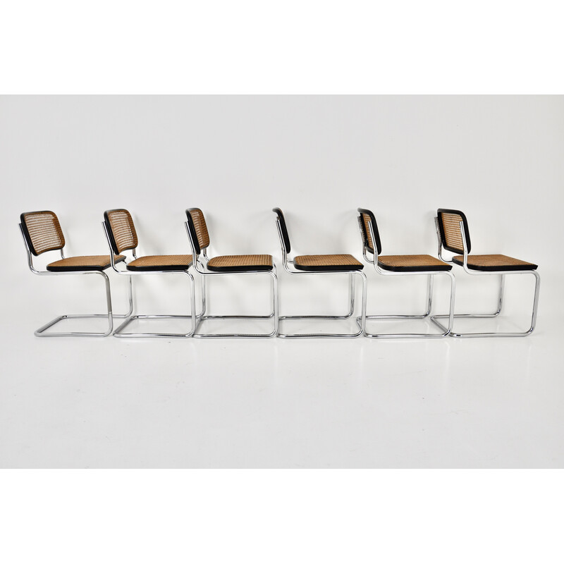 Conjunto de 6 cadeiras vintage em metal cromado, madeira preta e rotim de Marcel Breuer para Gavina, 1980