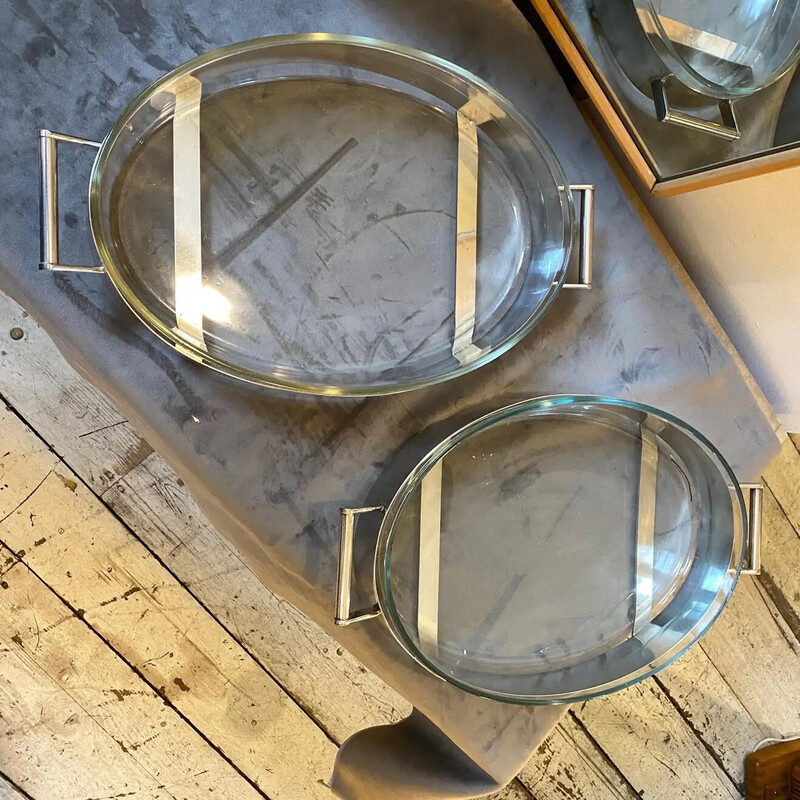 Pair of vintage serving trays in silver metal and glass, Italy 1940s