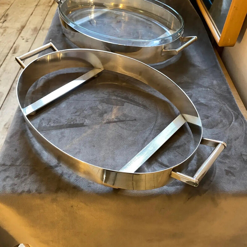 Pair of vintage serving trays in silver metal and glass, Italy 1940s