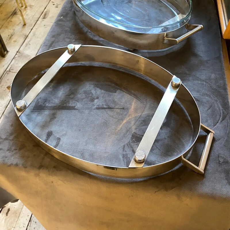 Pair of vintage serving trays in silver metal and glass, Italy 1940s