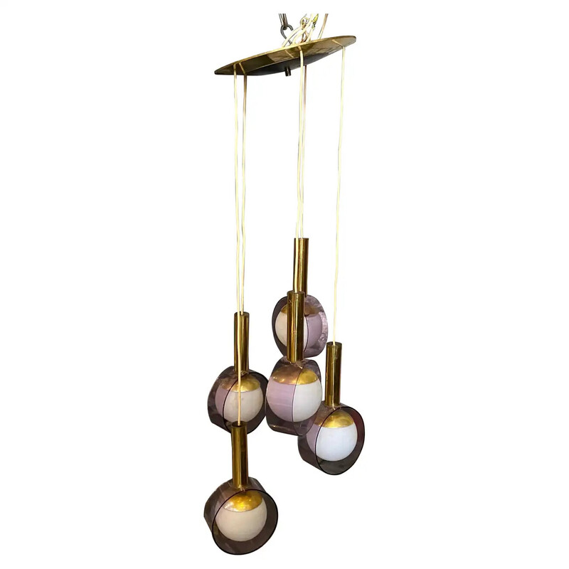 Vintage cascade chandelier in brass, pink plexiglass and glass for Stilux Milano, Italy 1970s