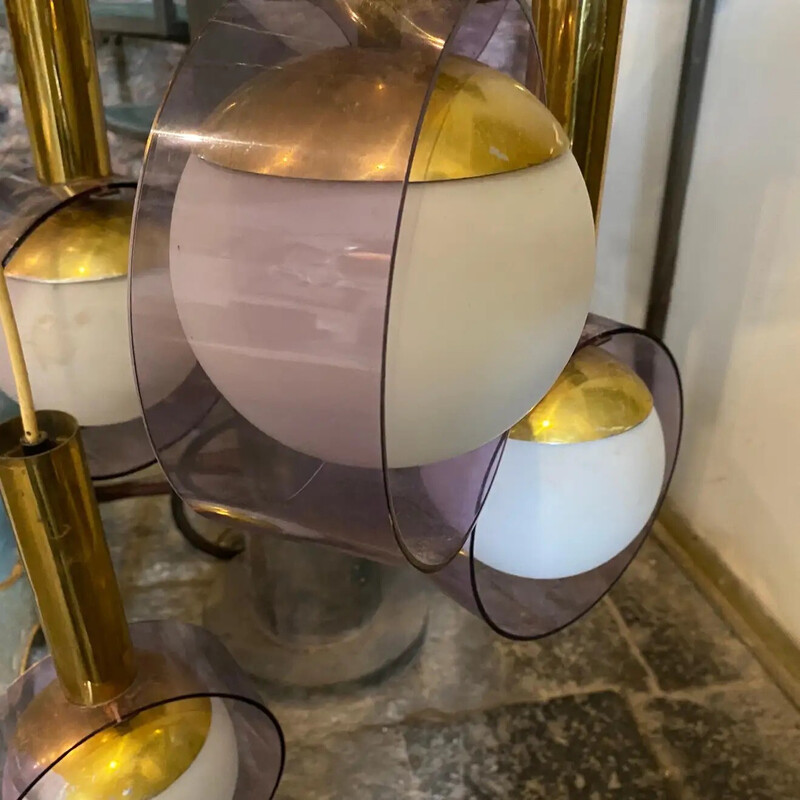 Vintage cascade chandelier in brass, pink plexiglass and glass for Stilux Milano, Italy 1970s