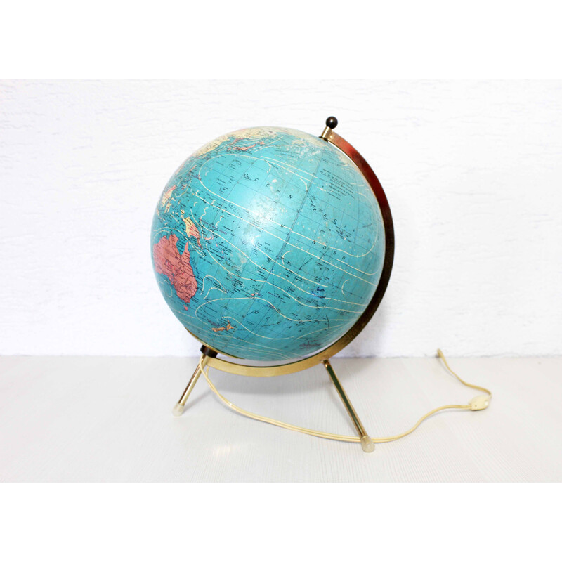 Vintage world map Taride in glass, paper and brass, 1960