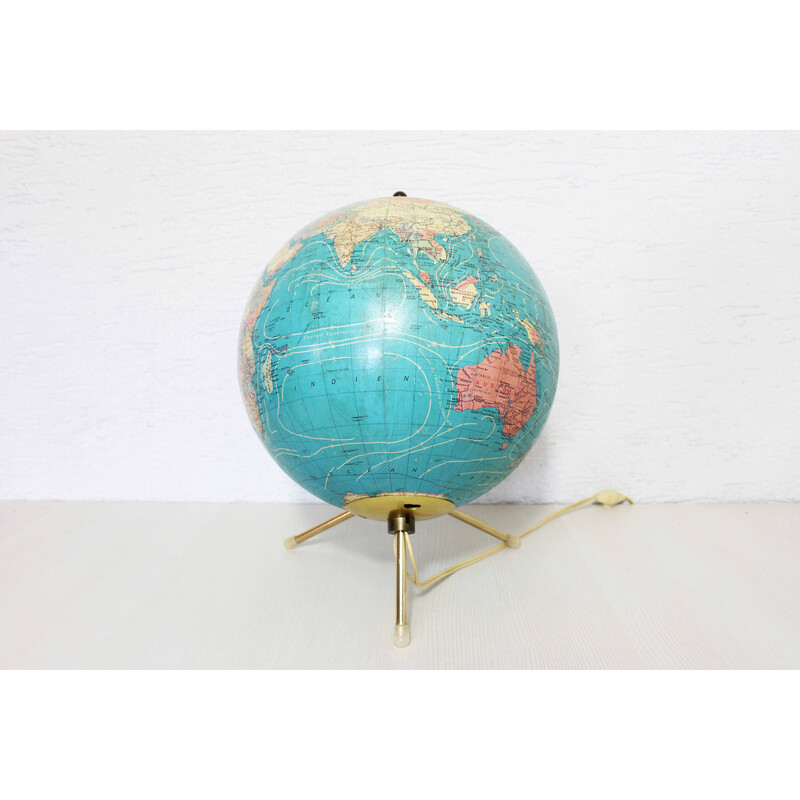 Vintage world map Taride in glass, paper and brass, 1960