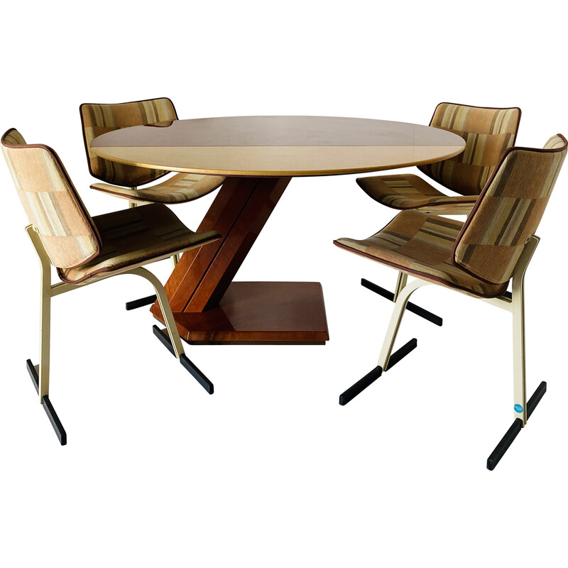 Vintage space-age dining set in wood, steel and fabric by Giovanni Offredi for Saporiti, Italy 1970s