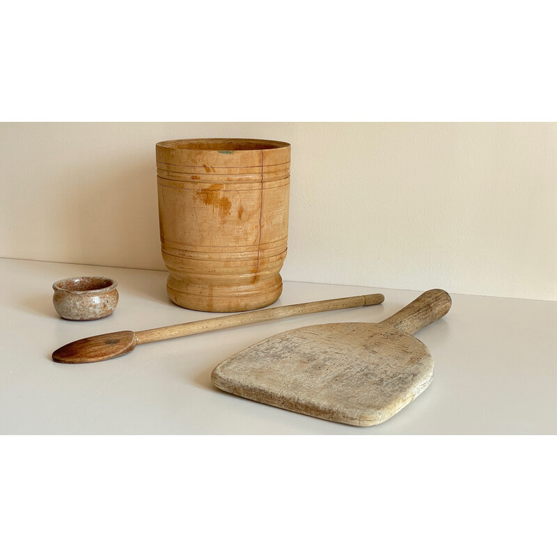 Set of vintage wooden pots and pans