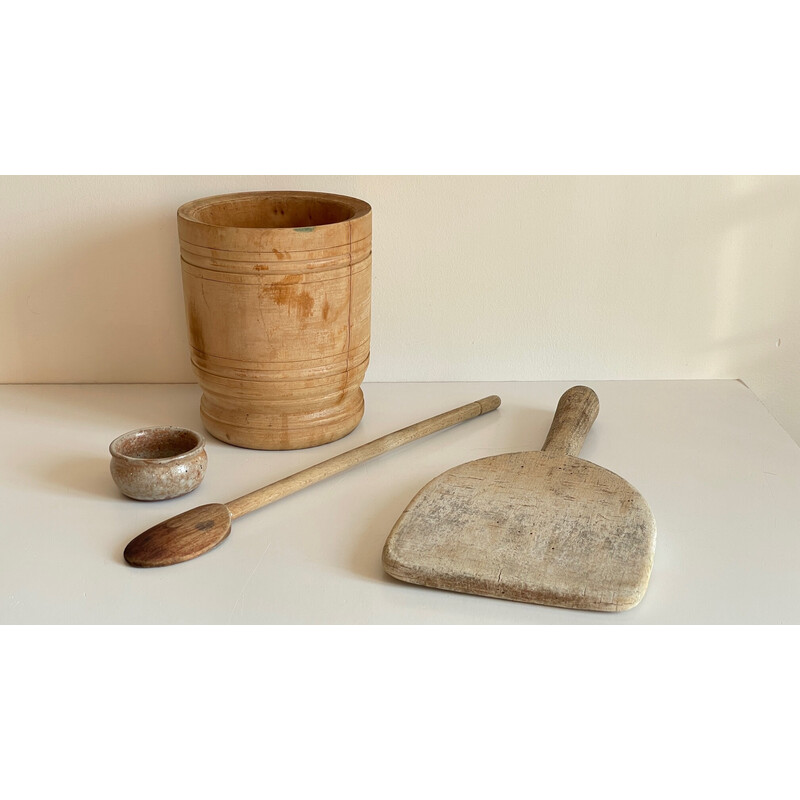 Set of vintage wooden pots and pans