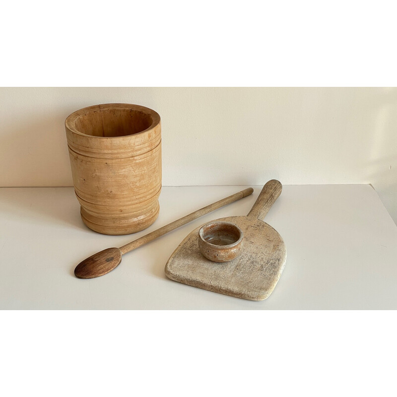 Set of vintage wooden pots and pans