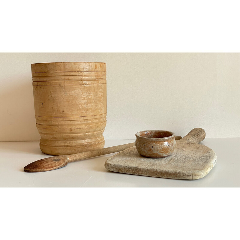 Set of vintage wooden pots and pans