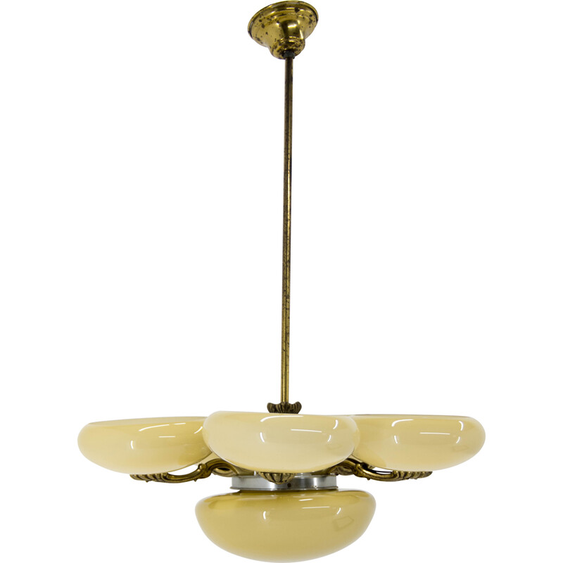 Ar Nouveau vintage brass and glass chandelier, 1930s