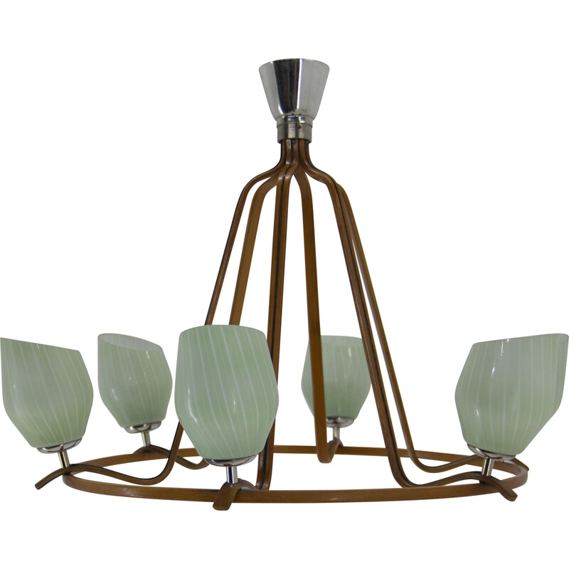 Mid-century wood and glass chandelier by Drevo Humpolec, 1960s