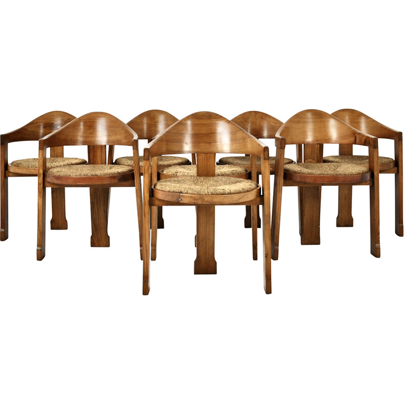 Conjunto de 8 cadeiras de vime italianas vintage, 1950