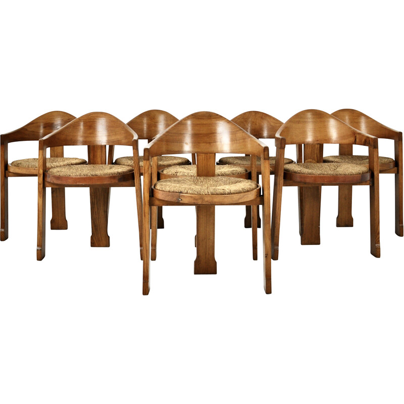 Set of 8 vintage Italian wicker chairs, 1950