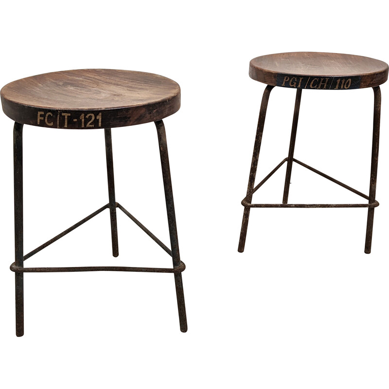 Pair of vintage metal and teak stools by Pierre Jeanneret, India 1960