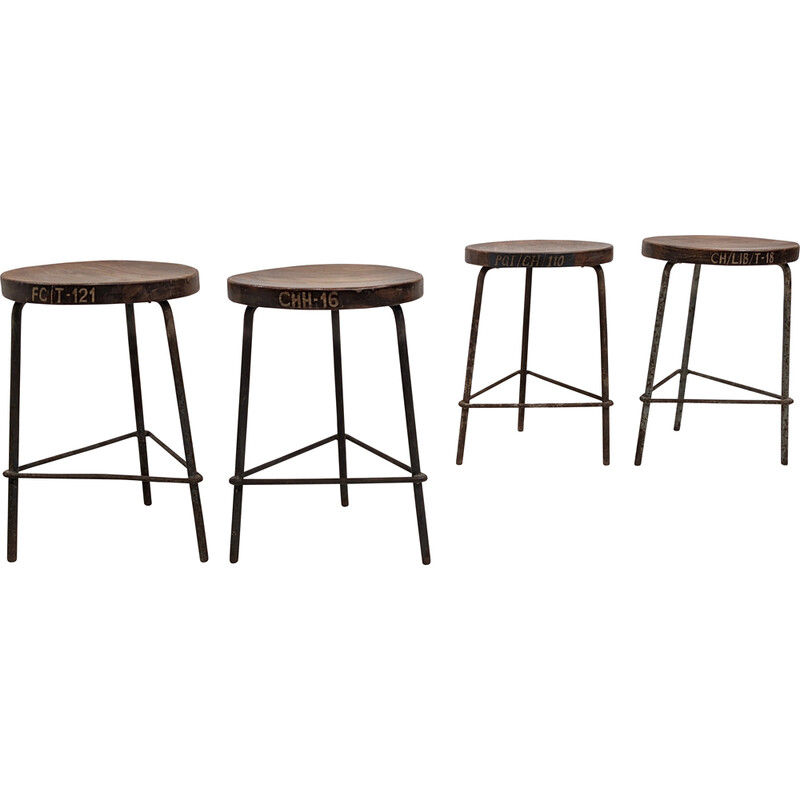 Set of 4 vintage metal and teak stools by Pierre Jeanneret, India 1960