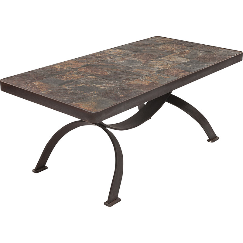 Vintage Brutalist coffee table in raw slate by Jacques Adnet, 1950