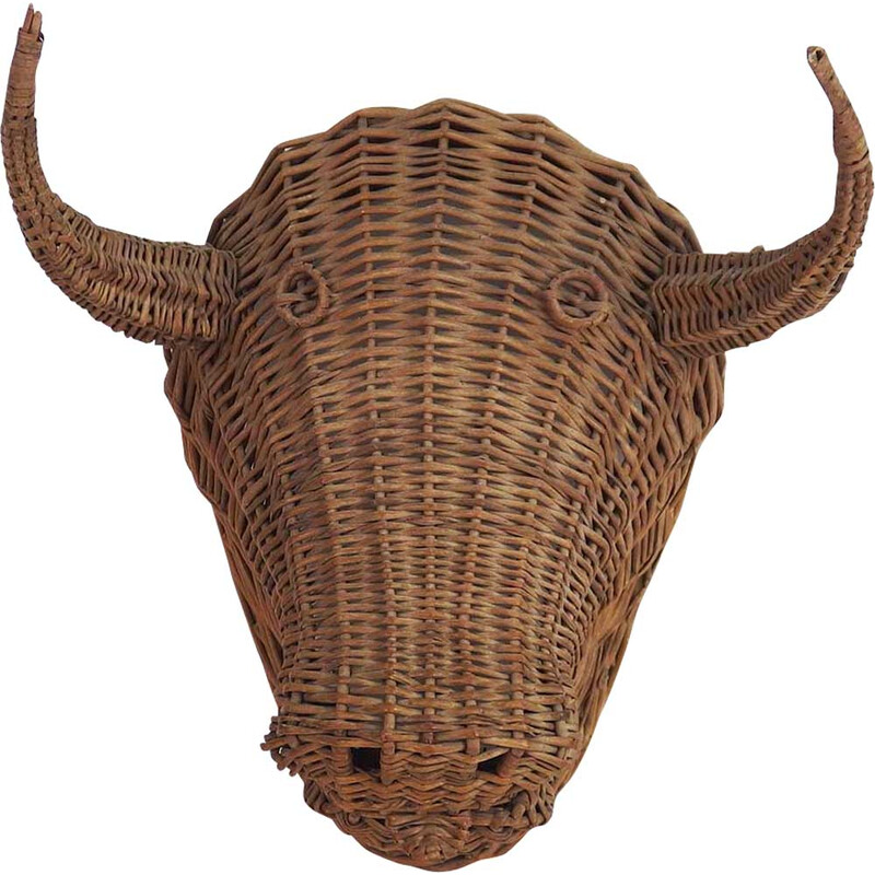 Cabeça de touro de vime Vintage, 1950-1960