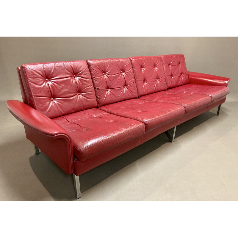 Vintage red leather sofa 4 seats, 1950