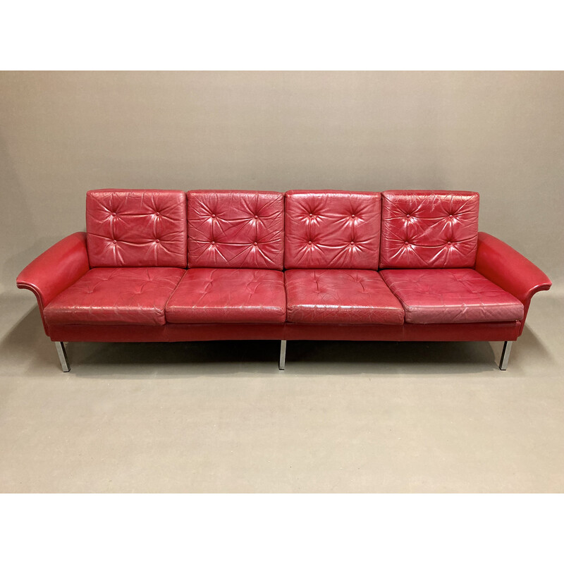 Vintage red leather sofa 4 seats, 1950