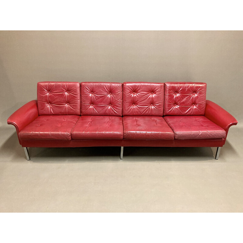 Vintage-Sofa aus rotem Leder, 4-Sitzer, 1950