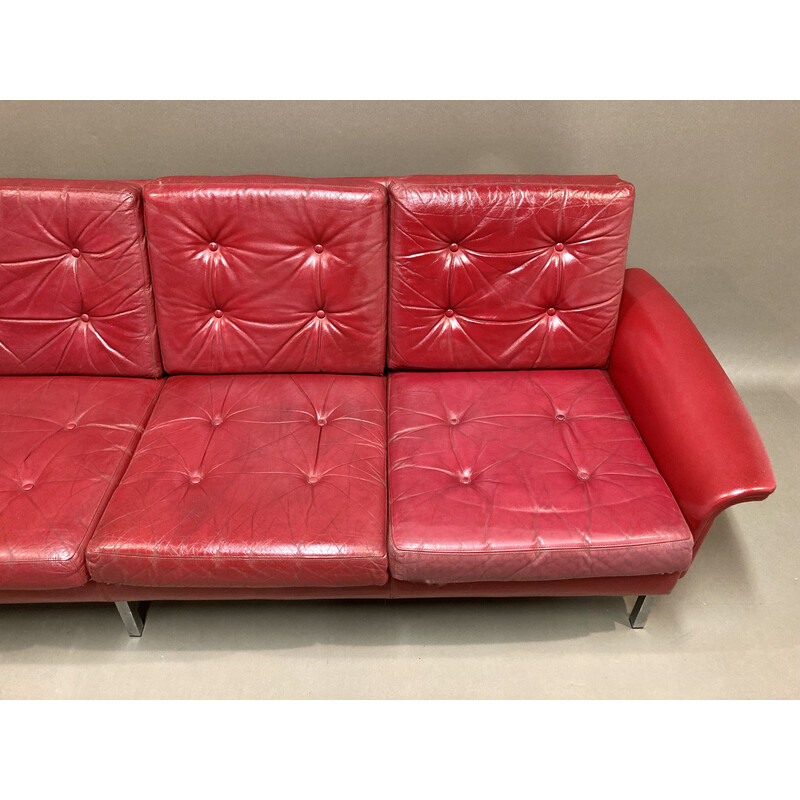 Sofá vintage de cuero rojo, 4 plazas, 1950