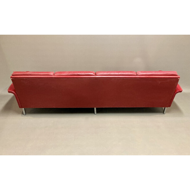 Canapé vintage en cuir rouge 4 places, 1950