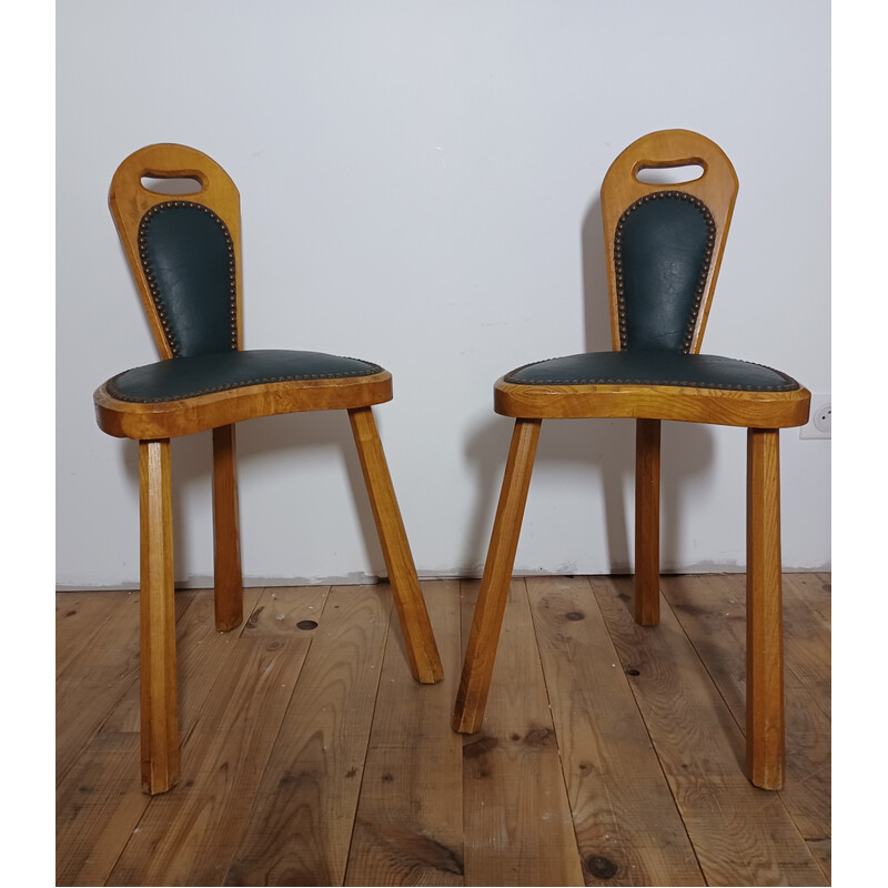 Pair of vintage Brutalist chairs in solid ashwood and green leather, 1950