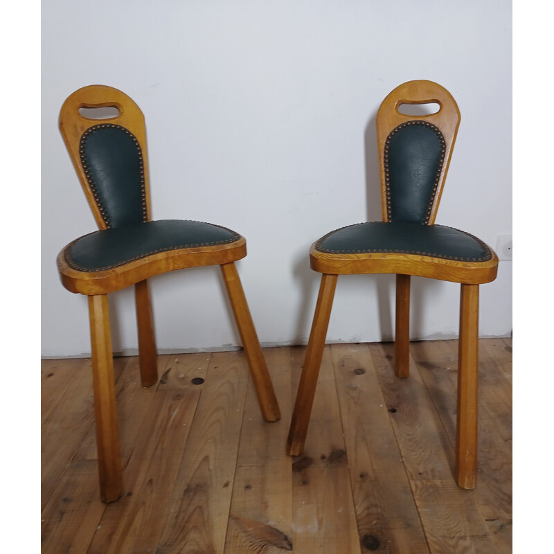 Paar vintage Brutalistische stoelen in massief essenhout en groen leer, 1950