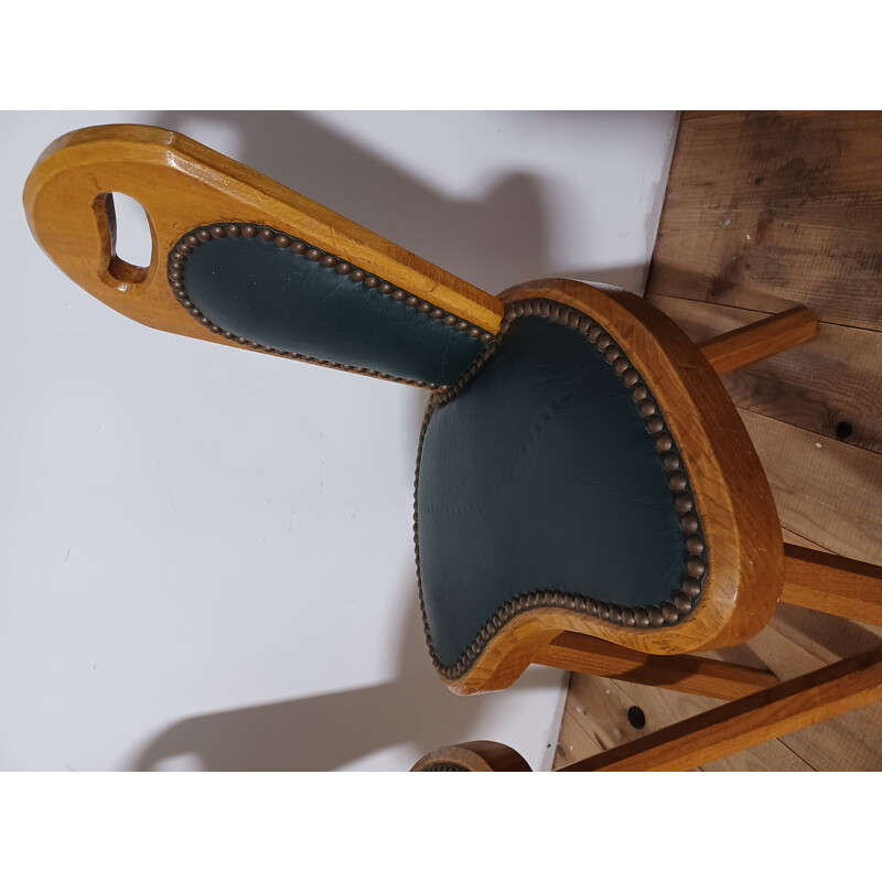 Pair of vintage Brutalist chairs in solid ashwood and green leather, 1950