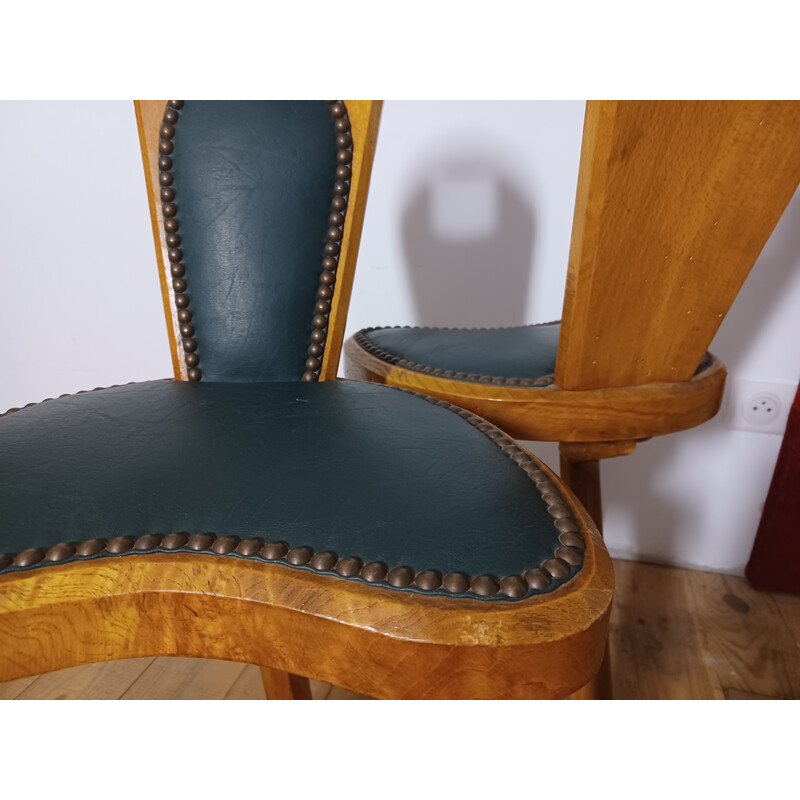 Pair of vintage Brutalist chairs in solid ashwood and green leather, 1950